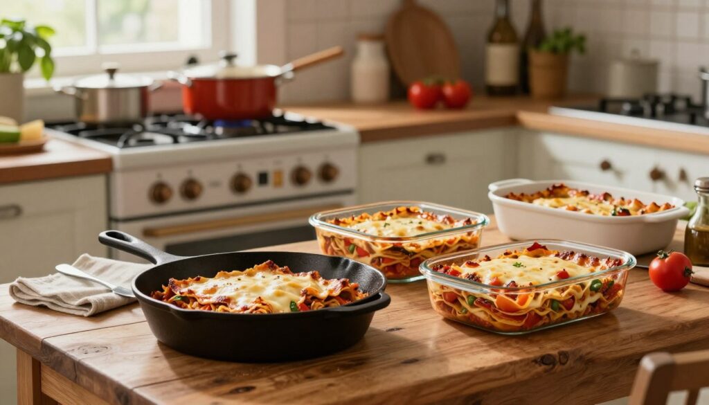 A cozy kitchen scene showcasing various alternative dishes suitable for baking lasagna. In the foreground, a rustic wooden table holds an assortment of pots and pans—like a deep cast iron skillet, a ceramic baking dish, and an oven-safe glass casserole. Each vessel contains layers of lasagna, revealing rich, melted cheese and vibrant vegetables. The middle ground features a well-worn stove with a bubbling pot of sauce and fresh ingredients like basil and tomatoes nearby. In the background, soft, natural light spills in through a window, illuminating the warm, homey atmosphere. The overall mood is inviting and encouraging, suggesting creativity in cooking, with a focus on adaptability and comfort in the kitchen.