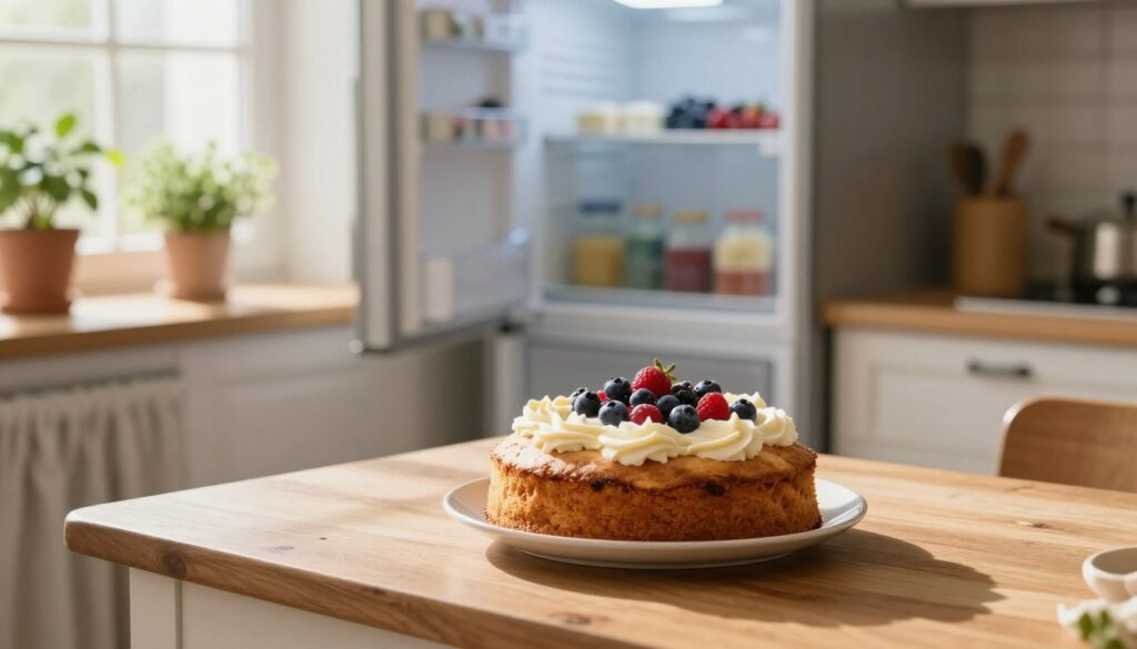 A cozy kitchen scene that captures the essence of room temperature, featuring a beautifully baked cake placed on a wooden kitchen table. In the foreground, the cake is adorned with delicate frosting and fresh berries, showcasing its inviting texture. Soft, natural light streams in through a window, creating a warm and welcoming atmosphere. In the middle ground, an open refrigerator can be seen slightly ajar, hinting at the contrast between cold storage and room temperature. In the background, there are potted herbs on the windowsill, adding a touch of greenery and life to the scene. The overall mood is relaxed and homely, illustrating the balance between food safety and comfort.