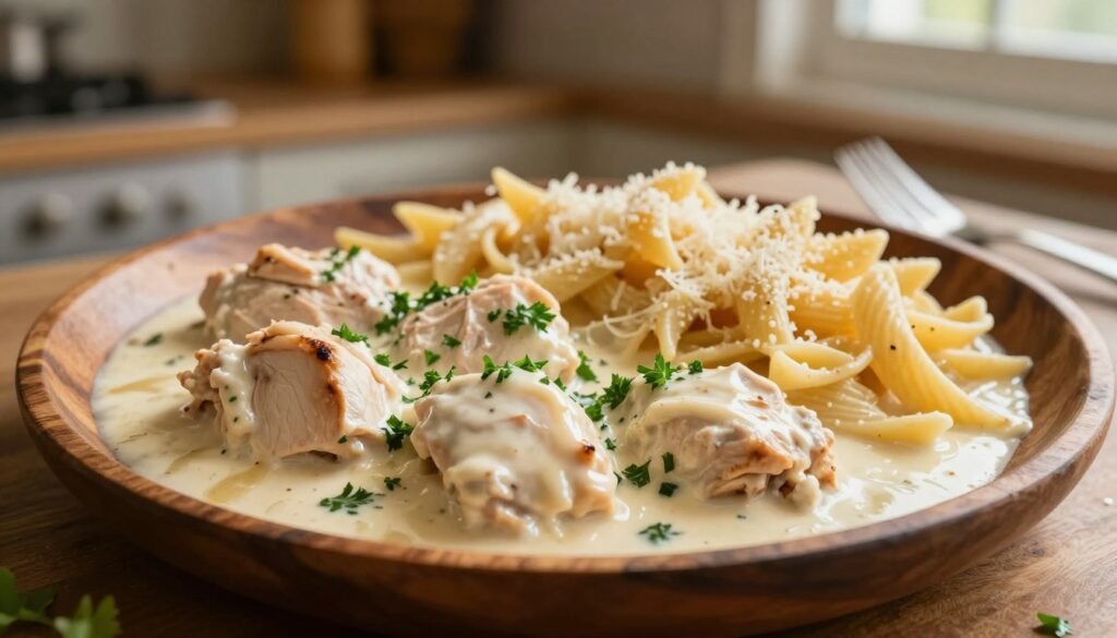 A creamy chicken dish in a rich, white garlic and cheese sauce, featuring tender pieces of chicken garnished with freshly chopped parsley. The foreground showcases a rustic wooden plate with a serving of the creamy chicken, artfully drizzled with the sauce. In the middle, a side of perfectly cooked pasta, lightly dusted with grated Parmesan cheese, complements the dish. The background softly blurs into a cozy kitchen setting with warm, ambient lighting, highlighting the dish’s inviting textures. The overall atmosphere exudes a comforting, homely vibe, making it appealing and mouthwatering to the viewer. The image should have a warm light source, simulating sunlight filtering through a nearby window, accentuating the creaminess of the sauce. A creamy chicken dish in a rich, white garlic and cheese sauce, featuring tender pieces of chicken garnished with freshly chopped parsley. The foreground showcases a rustic wooden plate with a serving of the creamy chicken, artfully drizzled with the sauce. In the middle, a side of perfectly cooked pasta, lightly dusted with grated Parmesan cheese, complements the dish. The background softly blurs into a cozy kitchen setting with warm, ambient lighting, highlighting the dish’s inviting textures. The overall atmosphere exudes a comforting, homely vibe, making it appealing and mouthwatering to the viewer. The image should have a warm light source, simulating sunlight filtering through a nearby window, accentuating the creaminess of the sauce.