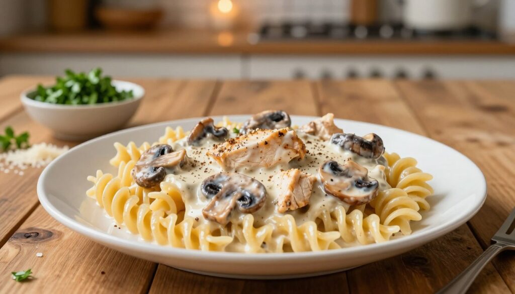 A delicious plate of creamy mushroom sauce served over perfectly cooked pasta with tender chicken pieces. In the foreground, the pasta twirls elegantly, glistening with a light sheen of the sauce that contains rich, sliced mushrooms, heavy cream, and spices. The middle ground showcases a rustic wooden table, adorned with a small bowl of freshly chopped parsley and a sprinkle of parmesan cheese, adding a touch of color. In the background, a softly blurred kitchen setting with warm, ambient lighting creates a cozy atmosphere. The scene captures warmth and comfort, evoking a homemade feeling. Use a shallow depth of field to focus on the dish, with natural light highlighting the creamy textures of the sauce, enhancing the appetizing appeal of the meal. A delicious plate of creamy mushroom sauce served over perfectly cooked pasta with tender chicken pieces. In the foreground, the pasta twirls elegantly, glistening with a light sheen of the sauce that contains rich, sliced mushrooms, heavy cream, and spices. The middle ground showcases a rustic wooden table, adorned with a small bowl of freshly chopped parsley and a sprinkle of parmesan cheese, adding a touch of color. In the background, a softly blurred kitchen setting with warm, ambient lighting creates a cozy atmosphere. The scene captures warmth and comfort, evoking a homemade feeling. Use a shallow depth of field to focus on the dish, with natural light highlighting the creamy textures of the sauce, enhancing the appetizing appeal of the meal.