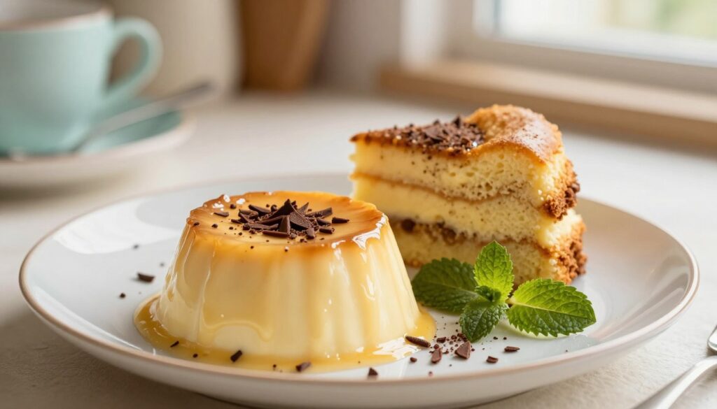 A delicious serving of creamy custard (kremu budyniowego) sits elegantly on a delicate porcelain plate, garnished with a sprinkle of chocolate shavings and a fresh mint leaf. The foreground highlights the silky texture of the custard, glistening softly under warm, natural light. In the middle of the image, a few pieces of cake, layered with the custard, showcase the rich filling and inviting golden hue. The background features a softly blurred kitchen scene, with pastel-colored utensils and a subtle hint of a window allowing in diffused sunlight, creating a warm and cozy atmosphere. The overall mood conveys indulgence and home-baked comfort, emphasizing the creamy and rich qualities of the custard while hinting at the delicacies involved in freezing it successfully. A delicious serving of creamy custard (kremu budyniowego) sits elegantly on a delicate porcelain plate, garnished with a sprinkle of chocolate shavings and a fresh mint leaf. The foreground highlights the silky texture of the custard, glistening softly under warm, natural light. In the middle of the image, a few pieces of cake, layered with the custard, showcase the rich filling and inviting golden hue. The background features a softly blurred kitchen scene, with pastel-colored utensils and a subtle hint of a window allowing in diffused sunlight, creating a warm and cozy atmosphere. The overall mood conveys indulgence and home-baked comfort, emphasizing the creamy and rich qualities of the custard while hinting at the delicacies involved in freezing it successfully.