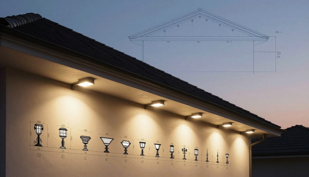 A detailed installation plan for outdoor lighting under roof eaves, presented as a technical diagram. In the foreground, clear line drawings illustrate various lamp placements along a house facade, marked with precise measurements. In the middle ground, an outline of the house structure shows eaves and suggested mounting positions for lamps, depicted in a balanced arrangement for optimal illumination. The background features a soft gradient simulating a twilight sky, enhancing the lighting effect function. The overall mood is professional and systematic, conveying clarity and expertise in outdoor lighting design. The diagram must not include any text, labels, or human figures, focusing solely on the technical illustration of the installation layout.