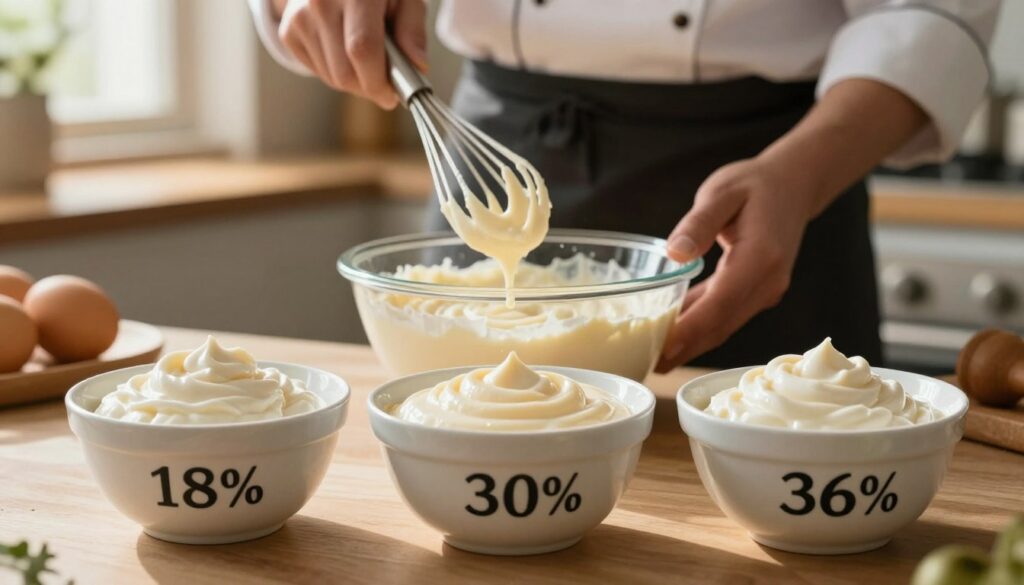A detailed visual composition showcasing the differences in cream fat content: in the foreground, three small bowls labeled with their fat percentages — 18%, 30%, and 36% — each filled with visually distinct creamy textures, reflecting their viscosity and richness. In the middle ground, a chef’s hand holds a whisk, preparing pasta sauce that beautifully blends the creams, with droplets of sauce capturing light. The background features a warm, inviting kitchen setting, with soft natural light streaming through a window, creating a cozy atmosphere. The focus is shallow to emphasize the bowls and the creamy textures, while the kitchen remains softly blurred. The overall mood is culinary exploration and warmth, perfect for illustrating cooking differences.