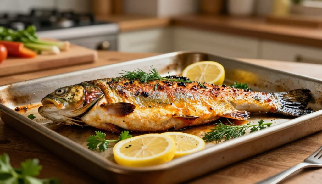 A freshly baked trout, perfectly cooked and displayed on a rustic oven tray, glistening with a crispy, golden-brown skin that invites a delightful bite. The fish is garnished with fresh herbs like dill and parsley, alongside slices of lemon for a pop of color. In the foreground, the warm, inviting glow of kitchen lighting accentuates the textures of the trout. The background features a cozy kitchen setting with blurred elements like a wooden countertop and fresh vegetables, hinting at the homey atmosphere. The angle captures the trout from a slightly elevated perspective, emphasizing its appetizing details. The overall mood is warm and inviting, suggesting a comforting, home-cooked meal.