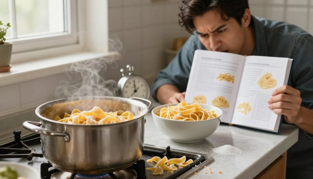 A kitchen scene illustrating common mistakes in cooking pasta. In the foreground, a pot of overcooked pasta with a mushy texture, spilling water over a cluttered stove, surrounded by neglected cooking tools. In the middle, a bowl of improperly salted pasta, with a small pile of salt carelessly spilled nearby. In the background, a timer displaying a past time and a cook’s frustrated expression, visible in professional casual clothes, staring at a recipe book with illustrations of al dente pasta. The lighting is warm and natural, coming from a window, creating a cozy yet chaotic atmosphere. Capture the feel of culinary mishaps, emphasizing the importance of proper pasta cooking techniques. A kitchen scene illustrating common mistakes in cooking pasta. In the foreground, a pot of overcooked pasta with a mushy texture, spilling water over a cluttered stove, surrounded by neglected cooking tools. In the middle, a bowl of improperly salted pasta, with a small pile of salt carelessly spilled nearby. In the background, a timer displaying a past time and a cook’s frustrated expression, visible in professional casual clothes, staring at a recipe book with illustrations of al dente pasta. The lighting is warm and natural, coming from a window, creating a cozy yet chaotic atmosphere. Capture the feel of culinary mishaps, emphasizing the importance of proper pasta cooking techniques.