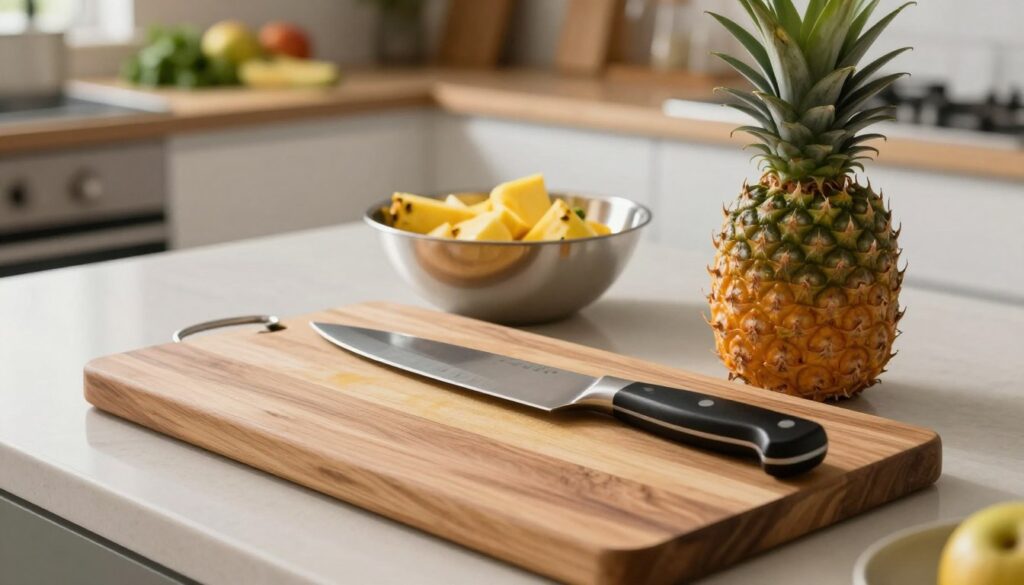 A modern kitchen countertop featuring a beautifully crafted wooden cutting board as the focal point in the foreground, a sharp chef's knife glinting under soft, warm lighting. The knife is positioned next to a perfectly ripe pineapple, showcasing its vibrant green leaves and golden yellow skin. In the middle ground, a stainless steel bowl holds freshly cut pineapple pieces, reflecting the organized preparation. The background softly blurs a cozy kitchen ambiance with hints of fresh herbs and fruits, creating a welcoming atmosphere. The scene should evoke a sense of freshness, readiness, and efficiency, with a mix of natural wood textures and polished steel elements, all captured from a slight overhead angle to emphasize space and organization.
