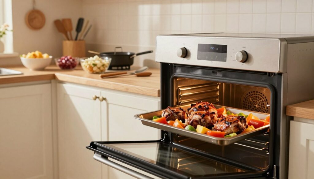 A modern kitchen scene featuring an oven in the foreground with a variety of frozen foods being cooked inside. The oven door is slightly ajar, showing deliciously browned meat and colorful vegetables. In the middle ground, a countertop displays bowls with various frozen ingredients ready to be cooked, alongside tools like spatulas and pans. In the background, warm, inviting lighting illuminates the kitchen, creating a cozy atmosphere. The walls are adorned with tasteful kitchen decor. Capture the texture of the food and the gleam of the oven, using soft focus for the background to emphasize the main subject. A sense of urgency mixed with a homey feeling should be conveyed, reflecting the practicality of cooking without thawing.