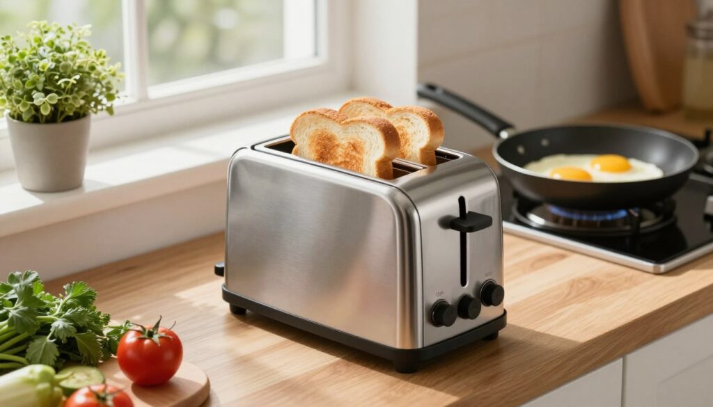 A modern kitchen setting featuring a sleek, stainless steel toaster at the forefront, displaying perfectly toasted slices of bread. The toaster is situated on a wooden countertop, surrounded by a variety of fresh ingredients like herbs and ripe tomatoes, hinting at a lively cooking atmosphere. In the middle ground, a frying pan sizzles with eggs, while a small plant adds a touch of greenery on the windowsill. Soft, natural light filters in through a nearby window, illuminating the scene and casting gentle shadows that create warmth. The angle is slightly elevated, giving a good view of the toaster and the countertop activity, evoking a cozy, inviting mood, perfect for quick kitchen alternatives. A modern kitchen setting featuring a sleek, stainless steel toaster at the forefront, displaying perfectly toasted slices of bread. The toaster is situated on a wooden countertop, surrounded by a variety of fresh ingredients like herbs and ripe tomatoes, hinting at a lively cooking atmosphere. In the middle ground, a frying pan sizzles with eggs, while a small plant adds a touch of greenery on the windowsill. Soft, natural light filters in through a nearby window, illuminating the scene and casting gentle shadows that create warmth. The angle is slightly elevated, giving a good view of the toaster and the countertop activity, evoking a cozy, inviting mood, perfect for quick kitchen alternatives.
