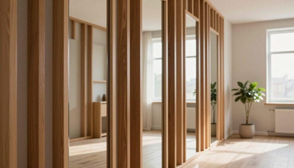 A modern, stylish hallway featuring wooden lamellae with mirrors integrated into their design, creating an illusion of space. The foreground showcases a close-up of the lamellae, emphasizing their texture and finishe, including matte and gloss options. The middle ground includes reflections in the mirrors, brightening the area, with soft natural light streaming in from a nearby window. In the background, a minimalist decor complements the lamellae, with potted plants and neutral wall colors, creating a cozy and inviting atmosphere. Capture the scene using a wide-angle lens to highlight the depth, ensuring a professional, clean look without any clutter. The overall mood should be elegant and functional, showcasing the suitability of lamellae for small interiors.