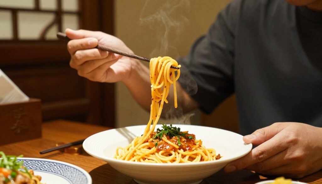 A person elegantly practicing how to eat pasta with chopsticks, demonstrating technique in a cozy Asian restaurant setting. In the foreground, the focus is on the individual's hands skillfully lifting and twisting strands of spaghetti with the chopsticks, showcasing the delicate movement. In the middle ground, a bowl of steaming pasta with fresh herbs and a sauce garnishes the scene, while chopsticks rest artfully beside the bowl. The background features traditional Asian decor, creating a warm ambiance with soft, ambient lighting that highlights the textures of the pasta and the intricate details of the table setting. Use a soft-focus lens effect to convey a sense of intimacy and warmth, capturing the essence of culinary exploration and skill.