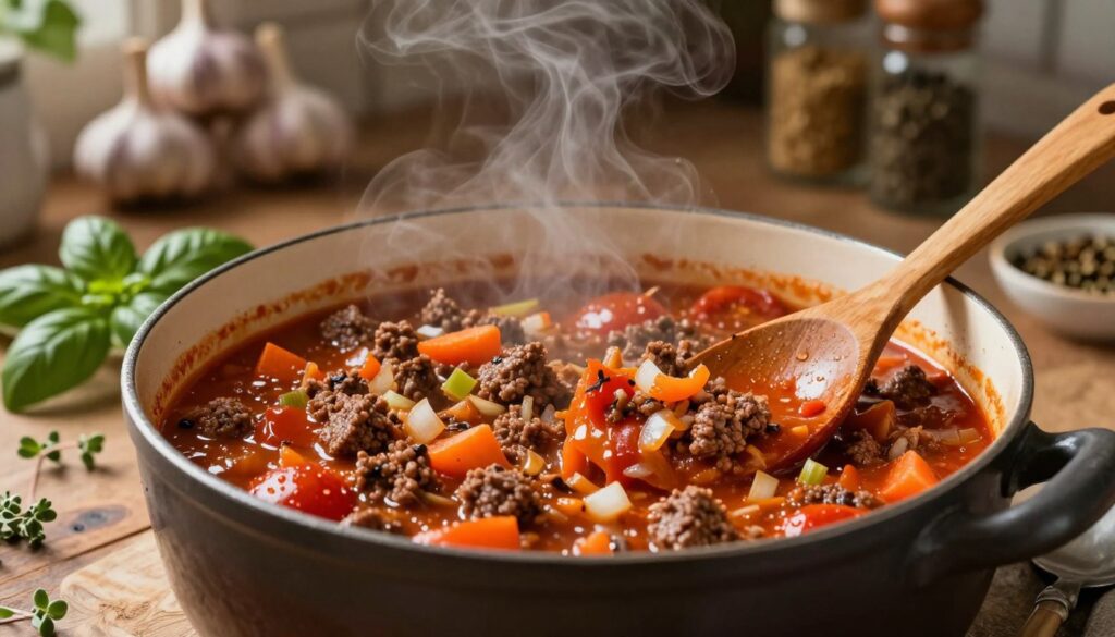 A rich and hearty bolognese sauce simmering in a rustic pot, filled with ground beef, finely chopped onions, carrots, and celery, all coated with vibrant red tomatoes. In the foreground, a wooden spoon rests against the pot, with droplets of sauce glistening under soft, warm kitchen lighting. The middle layer features the pot steaming invitingly on an antique wooden countertop, surrounded by fresh herbs like basil and oregano. The background reveals a softly blurred kitchen scene with hanging garlic and an array of spices, creating a cozy and authentic Italian atmosphere. The overall mood is warm and inviting, reflecting the essence of a lovingly prepared meal. The image is taken from a slightly elevated angle to capture the depth and texture of the sauce.