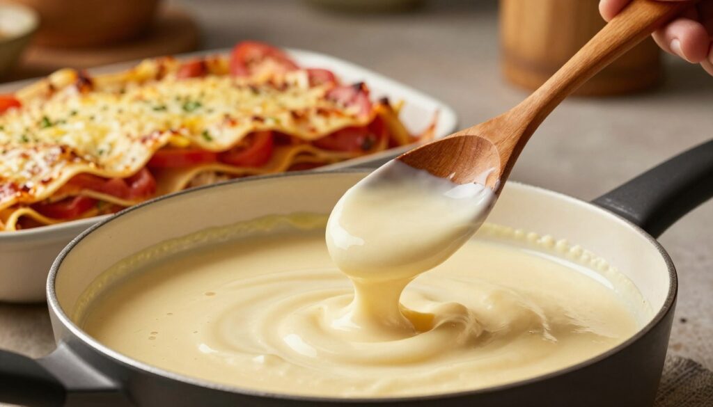A rich, creamy béchamel sauce bubbling gently in a stylish saucepan, with a smooth texture and a velvety finish. The foreground features the sauce being ladled, with a wooden spoon capturing the glossy sheen. In the middle ground, a backdrop of freshly prepared lasagna layers awaits, showcasing sheets of pasta, vibrant tomatoes, and savory cheese, hinting at the dish's composition. The background features a rustic kitchen setting, with warm, ambient lighting casting a soft glow over the scene. The mood is inviting and comforting, reminiscent of home-cooked meals. The angle captures the artistry of the dish's assembly, celebrating both the béchamel and lasagna as essential components of this culinary delight, devoid of any text or distractions.