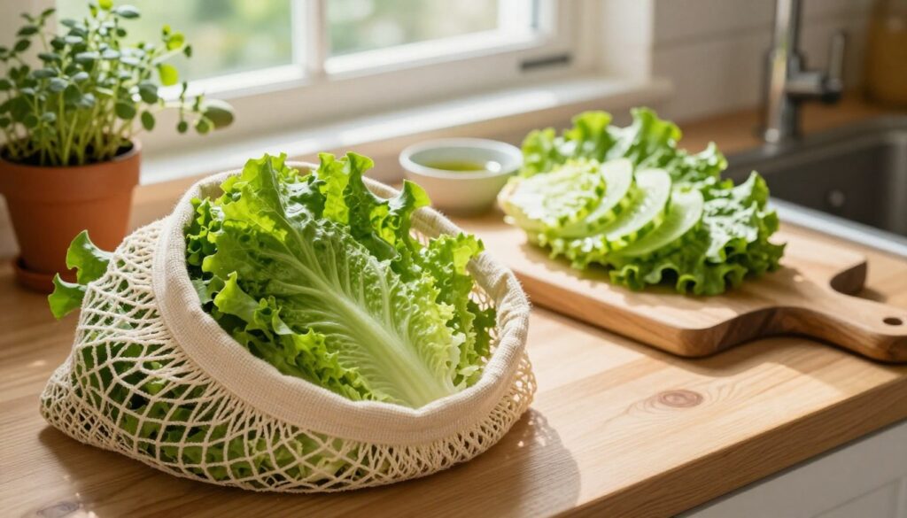 A rustic kitchen scene featuring fresh green lettuce being carefully stored. In the foreground, a vibrant head of crisp lettuce sits in a lightweight, breathable mesh bag, retaining its freshness. In the middle, a wooden cutting board displays sliced lettuce, alongside a small bowl of vinaigrette, hinting at preparation. The background reveals soft natural light streaming through a kitchen window, highlighting herbs in pots and kitchen utensils. The overall atmosphere is fresh and inviting, evoking a sense of health and vitality. The camera angle is slightly overhead, capturing the arrangement beautifully while emphasizing the textures and colors of the ingredients. The image should be vibrant, warm, and filled with a sense of homely wellness.