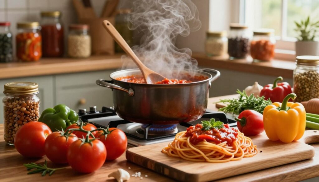 A rustic kitchen scene highlighting natural methods to thicken spaghetti sauce without flour. In the foreground, a wooden cutting board is adorned with fresh ingredients like ripe tomatoes, bell peppers, and fragrant herbs, showcasing a medley of vibrant colors. In the middle ground, a large pot simmers on a gas stove, steam gently rising, with a wooden spoon stirring the sauce, giving it a rich, inviting texture. The background features shelves filled with jars of natural thickeners such as pureed vegetables and legumes. Warm, ambient lighting filters through a window, casting a soft glow over the scene, creating a cozy, inviting atmosphere perfect for cooking. The overall mood is warm and welcoming, emphasizing healthy, flavorful cooking methods.