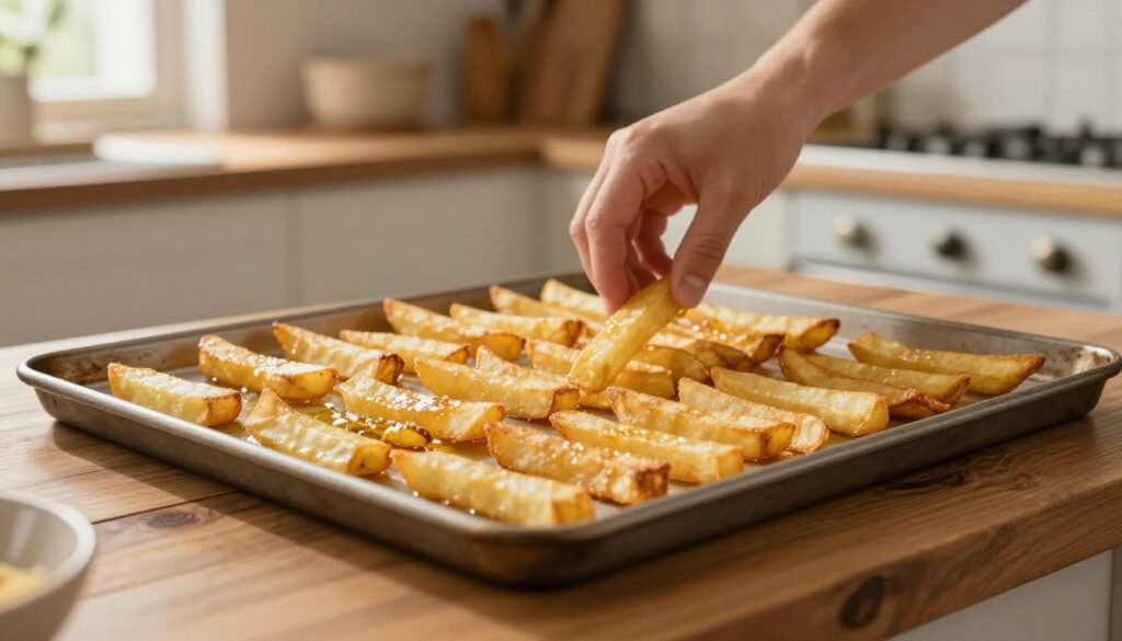 A rustic wooden kitchen countertop serves as the foreground, showcasing a baking sheet filled with perfectly uniform golden-brown fries, glistening with a light coating of oil for a crispy finish. The fries are arranged in neat, diagonal lines, allowing for even heat distribution. In the middle, a hand gently places a few more fries onto the sheet, demonstrating the process of arranging them. The background features a softly lit kitchen environment with warm, inviting tones and hints of kitchen utensils hanging on the wall. Natural light filters in from a nearby window, casting a gentle glow that enhances the appetizing texture of the fries. The atmosphere is cozy and homey, ideal for cooking and baking activities.