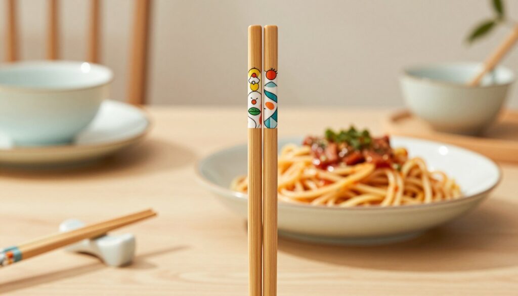 A set of beginner-friendly chopsticks prominently displayed in the foreground, elegantly crafted and adorned with a simple yet colorful design, to showcase their accessibility for novice users. The middle ground features a beautifully arranged bowl of pasta, twirling and invitingly placed, demonstrating the ideal use of the chopsticks. In the background, a softly blurred and tastefully minimal Asian dining setting, including a wooden table and elegant dishware, creates a warm, inviting atmosphere. The lighting is soft and diffuse, casting gentle shadows to enhance the texture of the chopsticks and food. The overall mood is calm and encouraging, emphasizing the joy of learning to eat with chopsticks. The composition is well-balanced, and the focus is sharp on the chopsticks, making them the centerpiece of the image.