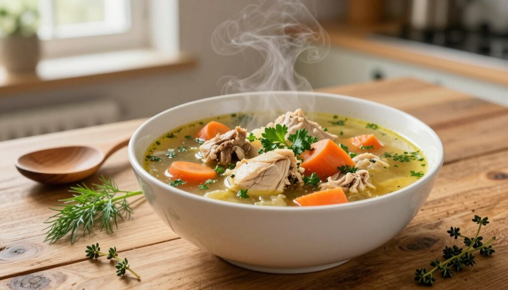 A steaming bowl of traditional Polish chicken soup, rosoł z kurczaka, sits elegantly on a rustic wooden table as the focal point. In the foreground, the bowl is filled with golden broth, visible chunks of tender chicken, slices of carrots, and garnished with freshly chopped parsley. A few sprigs of dill and thyme are scattered around, emphasizing the aromatic herbs that enhance the flavor. In the middle ground, a wooden spoon rests beside the bowl, suggesting readiness to savor the dish. The background features a soft-focus kitchen setting, with warm, natural light filtering through a nearby window, casting a cozy and inviting glow. The overall mood is homely and comforting, perfect for showcasing the essence of seasoning and traditional cooking.