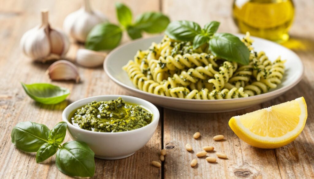 A vibrant and appetizing display of fresh pesto, set against a rustic wooden table. In the foreground, a small bowl of bright green pesto, glistening with olive oil, surrounded by fresh basil leaves and a handful of pine nuts. Nearby, a wedge of lemon rests, adding a pop of color. In the middle, a plate of al dente pasta, elegantly twirled, is coated in the rich, herby sauce, with some scattered basil leaves for garnish. In the background, softly blurred, are additional ingredients like garlic cloves and a bottle of extra virgin olive oil, creating an inviting kitchen atmosphere. The lighting is warm and natural, reminiscent of golden hour, with soft shadows enhancing the textures of the ingredients, evoking a sense of homely comfort and culinary delight.