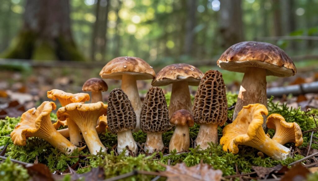 A vibrant and detailed composition showcasing several popular edible mushroom species found in Poland, such as chanterelles, porcini, and morels. In the foreground, clusters of these mushrooms, each with distinct textures and colors, are artfully arranged on a bed of moss. The middle ground features a softly blurred forest floor with fallen leaves and gentle sunlight filtering through the trees, creating dappled light effects. In the background, a serene forest setting, filled with lush greenery and soft shadows, enhances the natural atmosphere. The mood is warm and inviting, reflecting the beauty of nature. Utilize natural light to highlight the mushrooms' unique colors and shapes, captured with a close-up angle to emphasize details. No text overlays or distractions in the image.