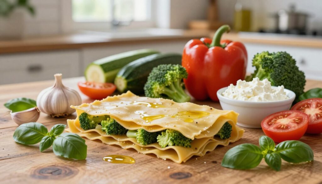 A vibrant and fresh display of lasagna ingredients centered on a rustic wooden table. In the foreground, there are layers of uncooked lasagna sheets, fresh broccoli florets, and a bowl of creamy ricotta cheese. Sliced tomatoes, garlic cloves, and aromatic basil leaves surround the main ingredients, with a drizzle of olive oil glistening nearby. In the middle ground, an assortment of colorful vegetables like zucchini and bell peppers adds depth. Soft, natural lighting filters in from a window, creating a warm and inviting atmosphere, while a blurred kitchen setting in the background hints at a culinary space. The angle captures the texture of the ingredients, emphasizing their freshness and the homely feel of preparing a delicious meal.