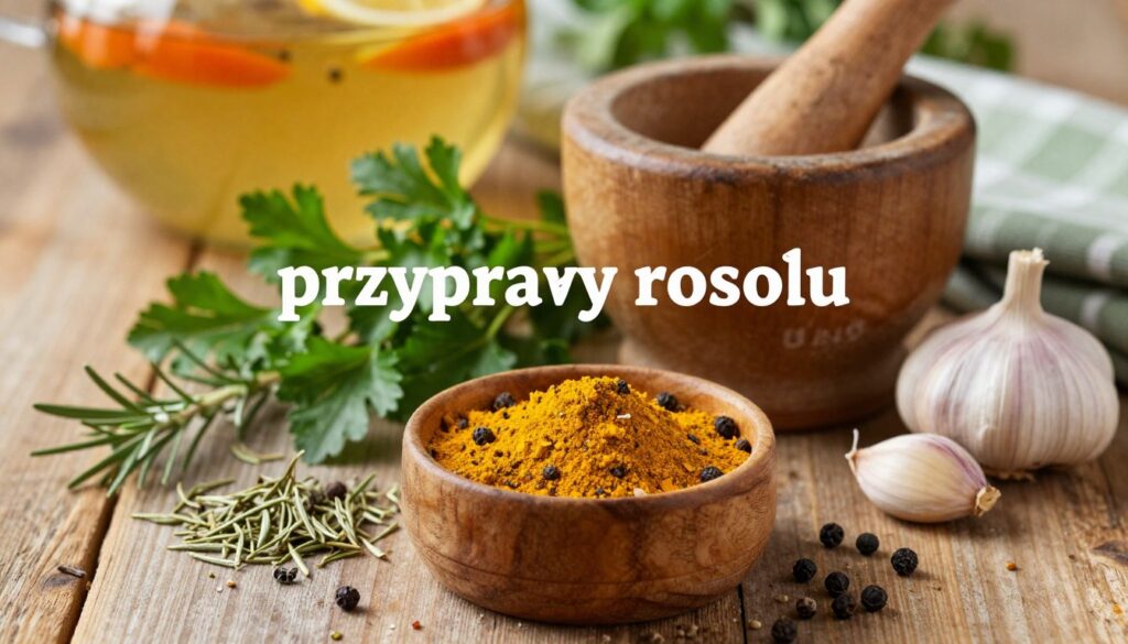 A vibrant and inviting arrangement of "przyprawy rosołu" on a rustic wooden table, featuring various spices like dried marjoram, parsley, peppercorns, and garlic cloves. In the foreground, a small wooden bowl filled with golden turmeric and crushed black pepper sits prominently, while sprigs of fresh herbs are scattered around. The middle ground showcases a well-used mortar and pestle, hinting at the preparation of these spices. The background includes softly blurred images of simmering broth and aromatic vegetables, creating a warm, homely atmosphere. The lighting is soft and natural, highlighting the textures and colors of the spices, evoking a sense of culinary warmth and comfort. Capture a cozy kitchen ambiance with an inviting feel, perfect for home cooking.