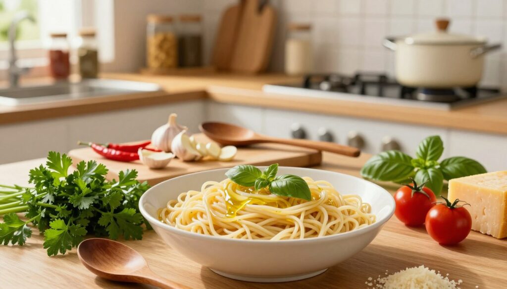 A vibrant and inviting kitchen scene featuring a collection of essential ingredients for quick noodle dishes. In the foreground, a bowl of freshly cooked thin noodles, glistening with a light olive oil drizzle. Surrounding the bowl are vivid green herbs like parsley and basil, a couple of ripe cherry tomatoes, and a small block of grated cheese. In the middle ground, a cutting board displays sliced garlic and chili peppers, with a rustic wooden spoon resting beside them. The background showcases a warmly lit kitchen with shelves of spices and a pot simmering gently on the stove. The atmosphere is cozy and inviting, evoking a sense of simplicity and flavor. The lighting is soft, like late afternoon sun filtering through a window, creating a cheerful ambiance.