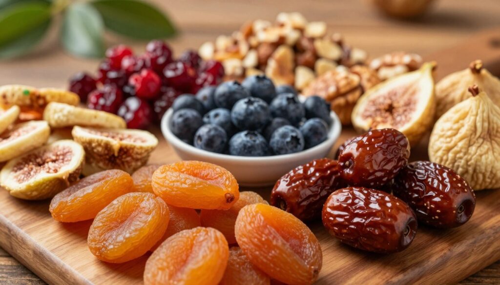 A vibrant and visually appealing display of various dried fruits arranged elegantly on a wooden table. In the foreground, focus on glistening dried apricots, figs, and dates, showcasing their rich textures and colors. The middle ground features a bowl filled with an assortment of dried berries, such as cranberries and blueberries, with a sprinkle of nuts for contrast. In the background, softly blurred greenery hints at fresh fruit, subtly suggesting the comparison to fresh produce. The lighting is warm and inviting, creating a cozy atmosphere, while the angle is slightly overhead to capture the arrangement’s details. Overall, the image conveys a sense of health and indulgence, perfect for an engaging exploration of dietary choices. A vibrant and visually appealing display of various dried fruits arranged elegantly on a wooden table. In the foreground, focus on glistening dried apricots, figs, and dates, showcasing their rich textures and colors. The middle ground features a bowl filled with an assortment of dried berries, such as cranberries and blueberries, with a sprinkle of nuts for contrast. In the background, softly blurred greenery hints at fresh fruit, subtly suggesting the comparison to fresh produce. The lighting is warm and inviting, creating a cozy atmosphere, while the angle is slightly overhead to capture the arrangement’s details. Overall, the image conveys a sense of health and indulgence, perfect for an engaging exploration of dietary choices.