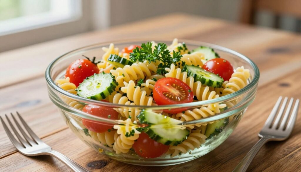 A vibrant cold pasta salad suitable for lunch, elegantly presented in a clear glass bowl. The foreground features colorful spiral pasta mixed with fresh cherry tomatoes, crunchy cucumbers, and a sprinkle of parsley, all glistening with a light olive oil dressing. In the middle ground, a fork is placed beside the bowl, invitingly poised for a tasting. The background showcases a rustic wooden table, softly lit by natural light pouring in from a nearby window, creating a warm and inviting atmosphere. The overall mood is fresh and healthy, perfect for a work lunch. The composition captures the essence of zero waste cooking, highlighting the use of leftover pasta creatively. The image is devoid of any text or logos. A vibrant cold pasta salad suitable for lunch, elegantly presented in a clear glass bowl. The foreground features colorful spiral pasta mixed with fresh cherry tomatoes, crunchy cucumbers, and a sprinkle of parsley, all glistening with a light olive oil dressing. In the middle ground, a fork is placed beside the bowl, invitingly poised for a tasting. The background showcases a rustic wooden table, softly lit by natural light pouring in from a nearby window, creating a warm and inviting atmosphere. The overall mood is fresh and healthy, perfect for a work lunch. The composition captures the essence of zero waste cooking, highlighting the use of leftover pasta creatively. The image is devoid of any text or logos.