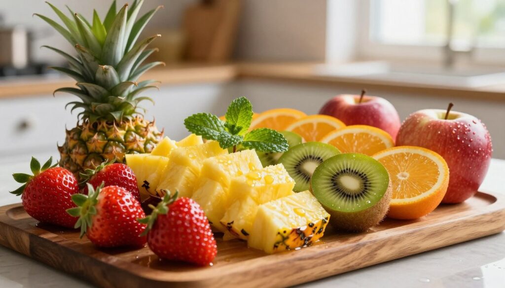 A vibrant display of fresh fruits artfully arranged on a beautiful wooden serving platter. In the foreground, luscious strawberries, bright yellow pineapples, and juicy kiwis glisten with droplets of water, emphasizing their freshness. In the middle, a sprig of mint adds a touch of green, while slices of oranges and red apples create a colorful contrast. The background features a soft-focus kitchen setting with gentle natural light streaming in through a window, casting a warm glow and enhancing the vibrant colors of the fruits. The overall mood is inviting and refreshing, capturing the essence of freshness and the delightful presentation of fruits for an elegant gathering.