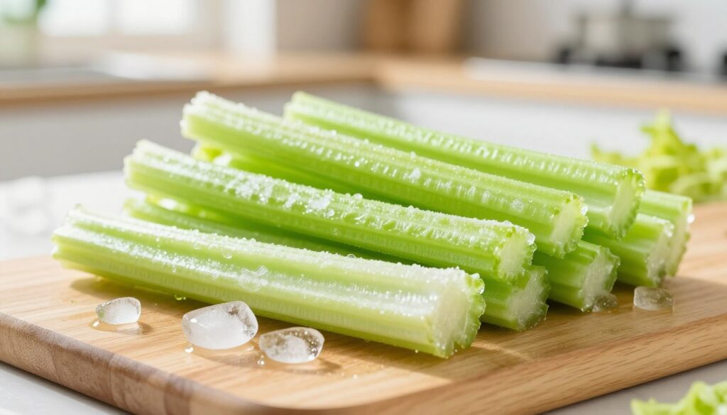 A vibrant image of frozen celery sticks laid out on a wooden cutting board, showcasing their crisp texture and bright green hue. In the foreground, the icy glistening surface of the celery highlights the frost, indicating it has been freshly frozen. The middle layer features scattered ice crystals around the celery, emphasizing the freezing process. In the background, a softly blurred kitchen scene with natural light illuminating the area, conveying a warm and inviting atmosphere. The lighting is bright and airy, simulating daylight, capturing the essence of freshness and culinary preparation. The overall mood is clean and refreshing, ideal for illustrating the topic of freezing celery in a kitchen setting. A vibrant image of frozen celery sticks laid out on a wooden cutting board, showcasing their crisp texture and bright green hue. In the foreground, the icy glistening surface of the celery highlights the frost, indicating it has been freshly frozen. The middle layer features scattered ice crystals around the celery, emphasizing the freezing process. In the background, a softly blurred kitchen scene with natural light illuminating the area, conveying a warm and inviting atmosphere. The lighting is bright and airy, simulating daylight, capturing the essence of freshness and culinary preparation. The overall mood is clean and refreshing, ideal for illustrating the topic of freezing celery in a kitchen setting.