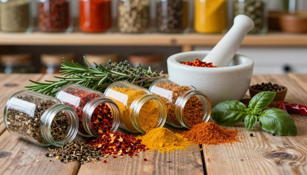A vibrant, inviting kitchen scene featuring an array of colorful spices and herbs artistically arranged on a rustic wooden table. In the foreground, jars of various spices like red chili flakes, turmeric, and dried basil, spilling open to reveal their rich textures. In the middle ground, a mortar and pestle with freshly ground spices and bunches of fresh herbs like rosemary and thyme, adding a touch of greenery. The background features shelves lined with more spices, creating an atmosphere of culinary experimentation. Soft, warm lighting casts gentle shadows, enhancing the textures and colors of the spices. The overall mood is creative and inspiring, encouraging experimentation with flavors for pasta dishes.