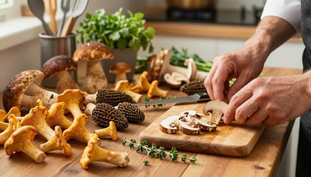 A vibrant kitchen countertop filled with an array of fresh, harvested mushrooms, including chanterelles, porcini, and morels, arranged artfully on a rustic wooden table. In the foreground, a chef's hands expertly clean and slice the mushrooms, showcasing their rich textures and colors. The middle section features a wooden cutting board with a knife and herbs like thyme and parsley scattered around, indicating preparation for cooking. In the background, soft, warm lighting creates a cozy atmosphere, with blurred kitchen utensils and an herb pot, evoking the essence of a well-loved cooking space. The overall mood is inviting and focused, emphasizing the beauty and care involved in selecting and preparing mushrooms for sautéing.