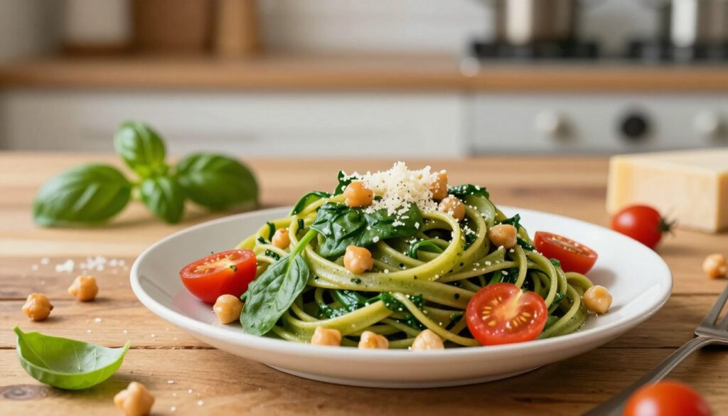 A vibrant plate of spinach pasta, known as "makaron ze szpinakiem," elegantly arranged as the focal point in the foreground. The pasta is a rich green hue, entwined with fresh spinach and garnished with bright cherry tomatoes and crunchy chickpeas. In the middle ground, a rustic wooden table sets the scene, adorned with fresh basil leaves and a sprinkle of grated Parmesan cheese. The background features a softly blurred kitchen environment with warm, inviting lighting, creating a cozy atmosphere. The focus is sharp on the pasta, highlighting the textures and colors, while the surrounding elements provide a sense of home-cooked warmth and culinary creativity. The image exudes a fresh, wholesome vibe, perfect for quick, meatless meal inspiration.