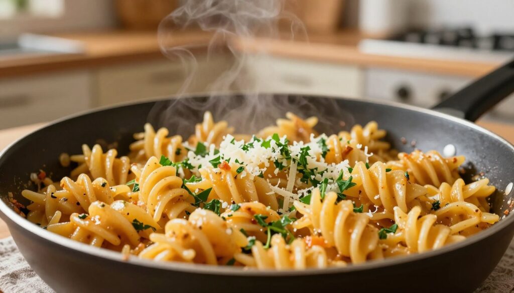 A vibrant skillet filled with perfectly cooked, glossy pasta, gently tossed in a rich, creamy sauce, showcasing a variety of textures. The foreground features a scattering of fresh herbs and grated cheese on top, adding pops of green and white. In the middle, the pasta swirls elegantly, catching the warm light, with steam rising to suggest heat and freshness. The background includes a cozy kitchen setting, softly blurred, with warm wooden cabinets and subtle kitchenware, emphasizing an inviting atmosphere. Soft, natural lighting illuminates the scene, creating a warm and comforting mood, captured from a slightly elevated angle to highlight the delicious detail of the pasta.