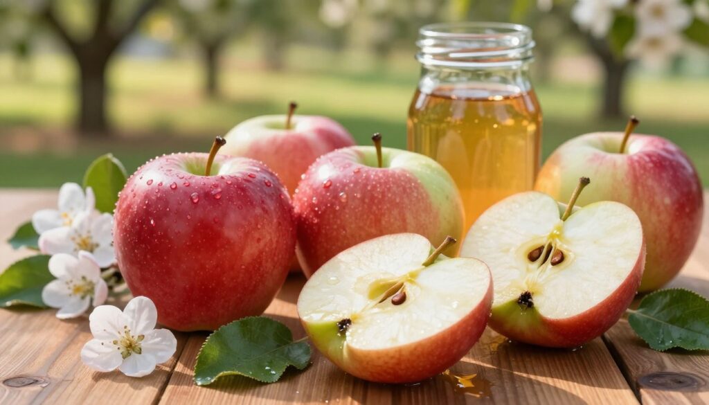 A vibrant still life of fresh apples on a wooden table, showcasing their shiny red and green skin. In the foreground, a few sliced apples revealing their juicy, crisp flesh, glistening with moisture. The apples are surrounded by scattered leaves and delicate blossoms, emphasizing the concept of antioxidants like polyphenols and quercetin. In the middle ground, natural elements such as a glass jar filled with apple juice, reflecting the sunlight. The background features soft, blurred trees, hinting at an orchard setting, bathed in warm, golden daylight. The atmosphere is fresh and inviting, evoking a sense of health and vitality. Use a shallow depth of field to focus on the apples, capturing their rich textures.