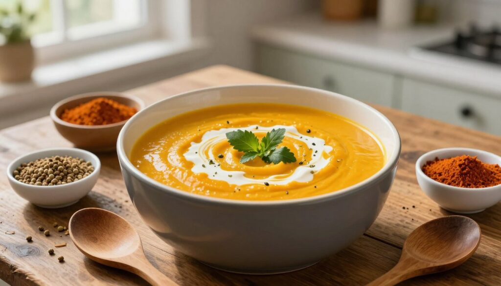 A vibrant, warm composition showcasing a pot of creamy pumpkin soup simmering on a rustic wooden table, surrounded by an array of colorful spices like cumin, nutmeg, and coriander in small bowls. In the foreground, a wooden spoon is resting on the edge of the pot, invitingly. The middle layer includes the rich, velvety soup, garnished with a swirl of cream and fresh herbs, while the background features soft, natural lighting filtering through a kitchen window, casting gentle shadows. The atmosphere is cozy and inviting, suggesting warmth and comfort of a home-cooked meal. The scene is captured from a slightly elevated angle to highlight the textures and colors of the ingredients without any text or distractions.