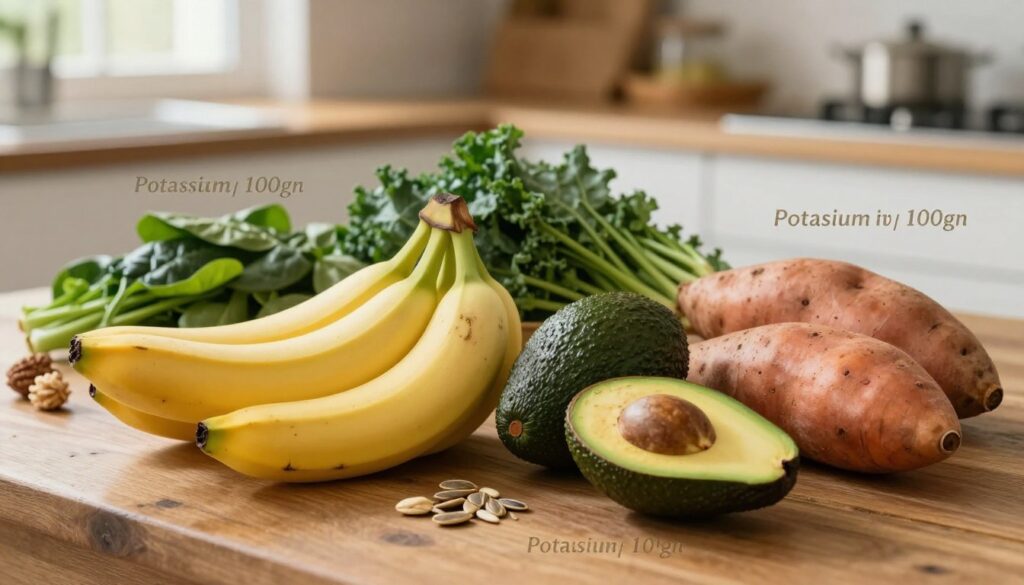 A visually appealing and informative composition showcasing a variety of potassium-rich foods arranged on a rustic wooden table. In the foreground, prominently feature vibrant bananas, avocados, and sweet potatoes, each labeled with their potassium content per 100 grams in an elegant, subtle manner. In the middle ground, include leafy greens like spinach and kale, alongside a few nuts and seeds. The background should showcase a softly blurred kitchen setting with warm, natural lighting filtering in through a nearby window, creating a cozy atmosphere. Utilize a shallow depth of field to emphasize the foods while maintaining a harmonious balance. The overall mood should be inviting and educational, appealing to readers interested in nutrition.