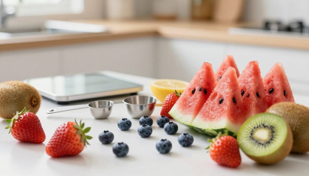 A visually appealing composition showcasing a colorful assortment of low-calorie fruits placed on a clean, white surface. In the foreground, a selection of fruits such as strawberries, watermelon slices, blueberries, and kiwi, arranged aesthetically to highlight their vibrant colors. In the middle ground, incorporate artistic elements like measuring spoons and a small scale, subtly indicating their caloric content measured in kcal/100 g. In the background, use a soft-focus kitchen setting with natural light streaming in, creating a warm and inviting atmosphere. The scene should convey freshness and healthiness, encouraging viewers to associate these fruits with low-calorie choices. The overall mood should be light and positive, suitable for health-conscious readers. A visually appealing composition showcasing a colorful assortment of low-calorie fruits placed on a clean, white surface. In the foreground, a selection of fruits such as strawberries, watermelon slices, blueberries, and kiwi, arranged aesthetically to highlight their vibrant colors. In the middle ground, incorporate artistic elements like measuring spoons and a small scale, subtly indicating their caloric content measured in kcal/100 g. In the background, use a soft-focus kitchen setting with natural light streaming in, creating a warm and inviting atmosphere. The scene should convey freshness and healthiness, encouraging viewers to associate these fruits with low-calorie choices. The overall mood should be light and positive, suitable for health-conscious readers.