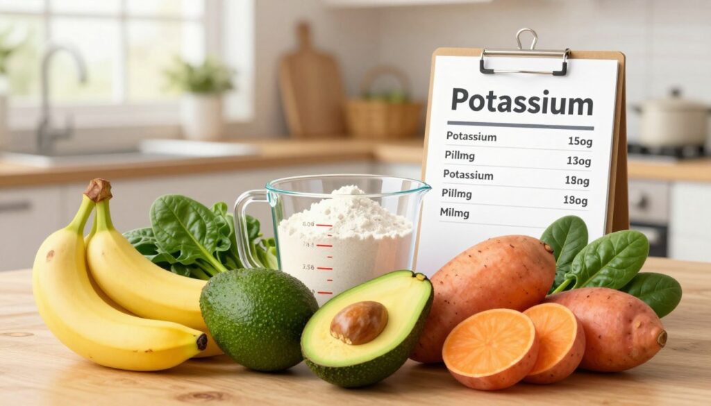 A visually engaging illustration focusing on potassium requirements, featuring a balanced diet spread on a wooden kitchen table. In the foreground, a variety of potassium-rich foods are artfully arranged: ripe bananas, bright green avocados, vibrant sweet potatoes, and leafy spinach. In the middle ground, there is a measuring cup filled with potassium powder, alongside a nutrition chart displaying daily potassium intake recommendations in milligrams. The background showcases a softly blurred kitchen setting with warm, natural light filtering through a window, creating a cozy atmosphere. The overall mood is informative and inviting, aimed at educating viewers about the importance of potassium in a healthy diet. The image is clear, professional, and visually appealing without any text or branding.