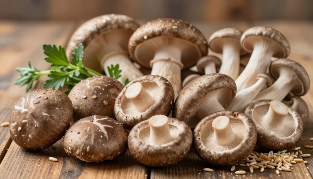 A visually striking close-up of a diverse array of edible mushrooms, elegantly arranged to highlight their textures and shapes. The foreground features a mix of rich, earthy-colored mushroom varieties, such as Shiitake, Oyster, and Portobello, showcasing their sleek surfaces and gills. In the middle ground, enhance the display with sprigs of fresh herbs and scattered grains, symbolizing protein and fiber. The background should be softly blurred, revealing a rustic wooden table to create a warm, inviting atmosphere. The lighting is soft and natural, highlighting the mushrooms' sheen and emphasizing their nutritional allure. The mood is earthy and wholesome, evoking a sense of healthy eating and culinary exploration.
