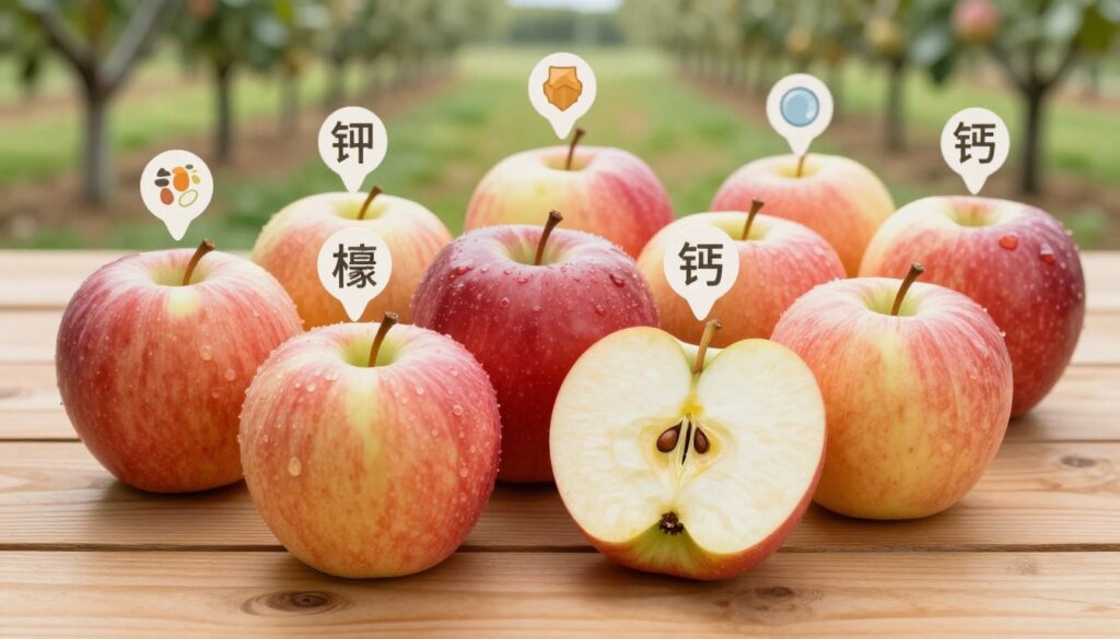 A vivid arrangement of fresh apples on a wooden table, showcasing the variety of mineral ingredients within, such as potassium, magnesium, and calcium. In the foreground, focus on a few apples, with a cross-section of one apple displaying its juicy interior filled with vibrant color. The middle ground features small labels or visual indicators illustrating the minerals present, creatively integrated into the composition. In the background, a blurred orchard setting bathed in soft, natural lighting conveys a fresh and healthy atmosphere. Use a warm color palette with gentle highlights to emphasize the freshness of the apples. The angle should be slightly top-down, capturing the apples' texture and inviting viewers into the image, evoking a sense of nutrition and well-being.