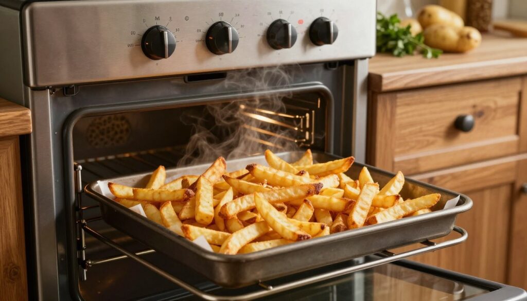 A warm and inviting kitchen scene featuring a perfectly baked tray of golden, crispy French fries emerging from a modern oven. In the foreground, focus on the fries, showcasing their textural detail—lightly golden-brown edges, crispy exteriors, and steam rising gently to convey warmth. The middle ground includes the open oven with dials visibly set to a high temperature, emphasizing the cooking process. Soft, diffused lighting fills the kitchen, highlighting the appetizing textures and colors. The background displays a rustic kitchen setting with wooden cabinets and ingredients scattered around: potatoes, herbs, and seasonings, creating a homely atmosphere. The overall mood should evoke a sense of comfort and culinary delight, perfect for capturing the essence of baking French fries.