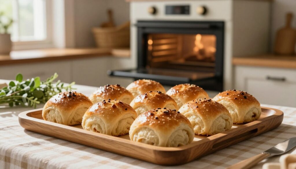 A warm, inviting kitchen scene featuring freshly baked rolls, golden brown and crusty, arranged elegantly on a wooden baking tray. The rolls are slightly puffed and glistening, exuding a satisfying crunch. In the background, a traditional oven with its door slightly ajar reveals the gentle heat radiating inside, illuminating a cozy ambiance. Soft, natural light filters through a nearby window, casting gentle shadows that enhance the texture of the bread. The kitchen is adorned with rustic elements, such as a checkered tablecloth and a bouquet of fresh herbs, creating a homely atmosphere. This scene captures the essence of revitalizing baked goods, embodying warmth, comfort, and culinary delight.