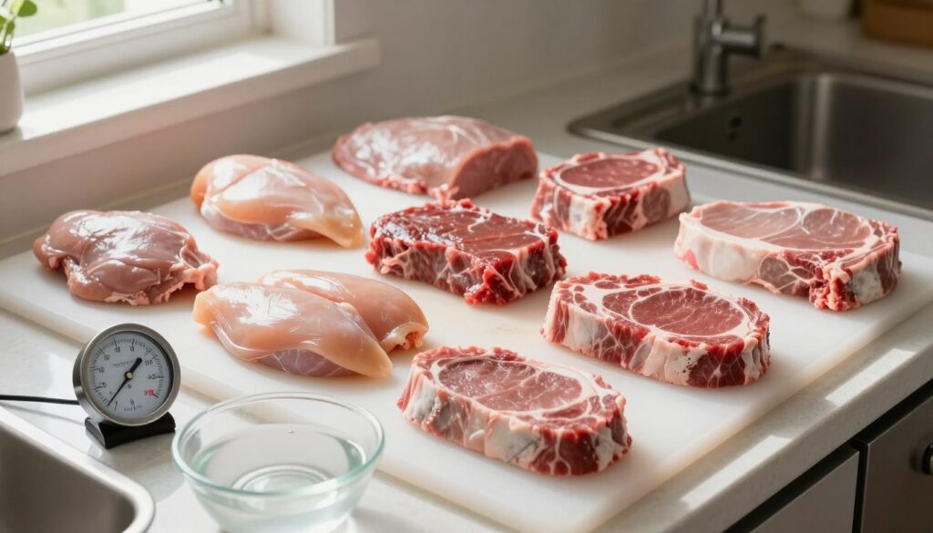 A well-organized kitchen countertop featuring a diverse assortment of frozen meats, including chicken breasts, beef steaks, and pork chops, arranged on a clean cutting board. In the foreground, a temperature gauge and a bowl of cold water sit next to the meats, emphasizing the safe thawing process. In the middle ground, a juxtaposition of meats in various states of thawing showcases the importance of proper techniques. The background features soft, natural lighting filtering through a window, creating a warm and inviting atmosphere. The overall mood conveys a sense of safety and preparation, with a focus on the professionalism of the kitchen setting. Use a slight overhead angle to capture the organized layout effectively.