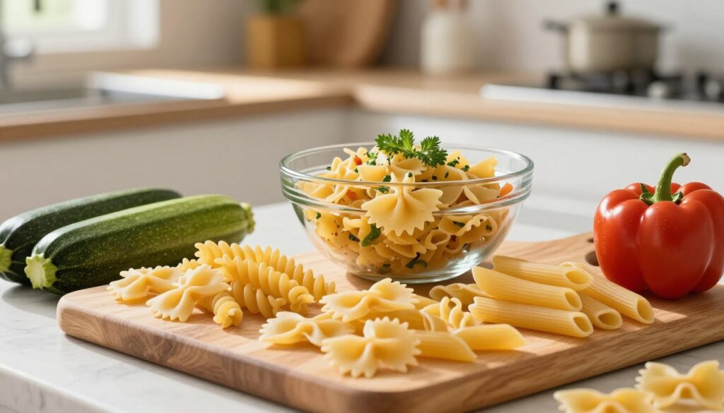 An elegant kitchen setting features a variety of lightweight pasta options suitable for a gentle diet. In the foreground, a wooden cutting board displays different pasta shapes - like fusilli, farfalle, and penne - artfully arranged, with fresh vegetables like zucchini and bell peppers nearby. The middle ground shows a stylish glass bowl filled with a light pasta salad, garnished with herbs. In the background, a soft-focus view of a kitchen countertop with natural sunlight filtering in, creating a warm and inviting atmosphere. The lighting highlights the colors of the ingredients, enhancing their freshness. The scene conveys a sense of health and well-being, emphasizing the idea of thoughtful food choices for digestive comfort.