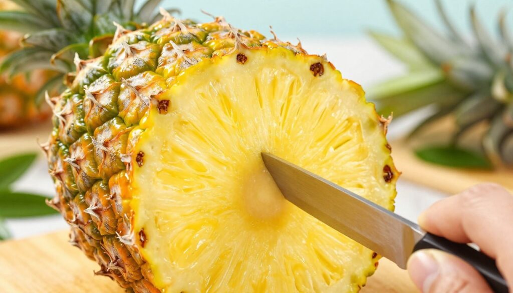 Close-up of a freshly cut pineapple, focusing on the vibrant yellow flesh and the distinctive pattern of its "oczka" (eyes). The foreground captures a hand elegantly holding a sharp knife, poised to carefully remove the tough core and the fibrous parts around the eyes. The middle ground features the pineapple's unique textured skin, glistening under soft, natural light that enhances the fruit's juiciness. In the background, a wooden cutting board hints at a kitchen setting, with subtle green leaves and a hint of other tropical fruits to suggest freshness. The overall atmosphere is bright and inviting, emphasizing the meticulous process of cutting a pineapple perfectly, aiming for a clean and waste-free presentation. The focus should be sharp, with a shallow depth of field to highlight the pineapple’s intricate details.