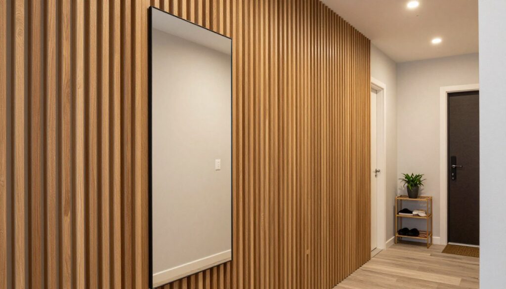 Foreground: A stylish hallway showcasing mounted wooden lamellae in a contemporary design, featuring a large decorative mirror integrated into the layout. Middle: The space is accented with soft lighting that highlights the texture of the lamellae, casting gentle shadows that enhance depth. Background: Subtle details of a cozy entrance area, including a shoe rack and a small potted plant, to evoke a sense of warmth and functionality. The scene is shot from an eye-level angle, emphasizing the vertical lines of the lamellae to create an illusion of height, making the space appear larger. The overall mood is inviting and functional, demonstrating an effective use of space in small interiors.