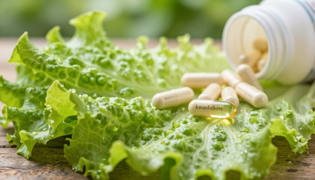 Lush green lettuce leaves filling the foreground, showcasing their vibrant colors and textures, with dew drops glistening under soft natural lighting. In the middle ground, various vitamin capsules representing "kwas foliowy" (folic acid) are artistically placed, symbolizing health benefits, with a pill bottle partially visible, suggesting a focus on nutrition. The background features a blurred garden scene, emphasizing a fresh and healthy atmosphere. Capture a warm, inviting mood to promote wellness, using a shallow depth of field to focus on the lettuce and capsules, while soft, diffused lighting creates an organic and wholesome feel. The composition should convey the importance of lettuce and its vitamins for health, without any text or distracting elements.