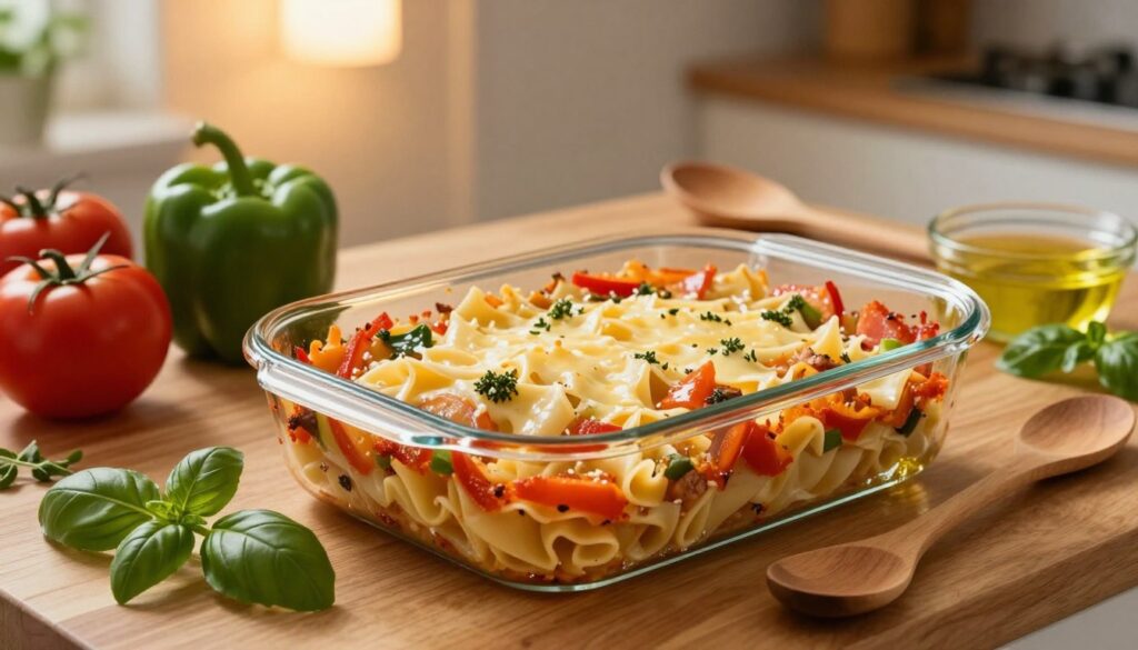 A beautiful and inviting kitchen scene displaying the ingredients and baking dish for a pasta casserole. In the foreground, a clear, heat-resistant glass baking dish sits on a wooden countertop, filled with layers of pasta, cheese, and vegetables, showcasing the textures and vibrant colors. Surrounding the dish are fresh ingredients: ripe tomatoes, green bell peppers, and aromatic herbs like basil and oregano, enhancing the visual appeal. In the middle ground, a wooden spoon and a small bowl of olive oil add a rustic touch. The background features soft, warm lighting from an overhead fixture, casting a cozy glow over the scene, evoking a homey atmosphere perfect for cooking. Capture the essence of comfort food preparation with a slightly blurred background to emphasize the dish. A beautiful and inviting kitchen scene displaying the ingredients and baking dish for a pasta casserole. In the foreground, a clear, heat-resistant glass baking dish sits on a wooden countertop, filled with layers of pasta, cheese, and vegetables, showcasing the textures and vibrant colors. Surrounding the dish are fresh ingredients: ripe tomatoes, green bell peppers, and aromatic herbs like basil and oregano, enhancing the visual appeal. In the middle ground, a wooden spoon and a small bowl of olive oil add a rustic touch. The background features soft, warm lighting from an overhead fixture, casting a cozy glow over the scene, evoking a homey atmosphere perfect for cooking. Capture the essence of comfort food preparation with a slightly blurred background to emphasize the dish.