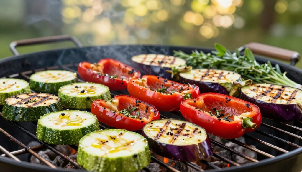 A beautifully arranged array of grilled vegetable slices, specifically zucchini, bell peppers, and eggplants, cut into thick, robust slices to prevent them from falling apart on the grill. In the foreground, the vegetables are glistening with a light drizzle of olive oil and sprinkled with herbs, showcasing their vibrant colors: deep green, bright red, and rich purple. In the middle ground, a grill is seen with lines from being heated, hinting at the cooking process, while a handful of fresh herbs and spices lay nearby ready to be used. The background features a blurred outdoor setting with soft sunlight filtering through lush trees, creating a warm and inviting atmosphere. The image conveys a sense of summer grilling bliss, perfect for food enthusiasts.